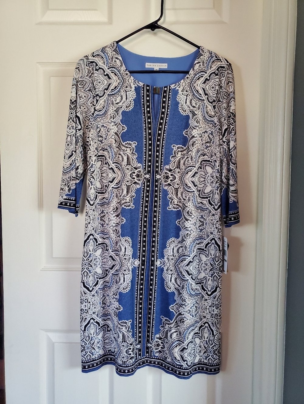 Sandra Darren Blue White Paisley-Print Midi Dress Shift Classy Career Formal PM